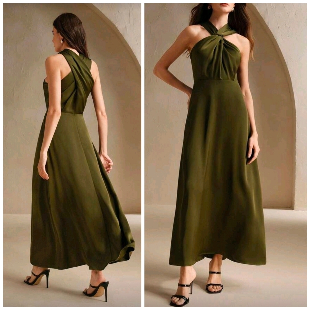New Chic Satin Wrap Tie Halter Long Dress Olive Green